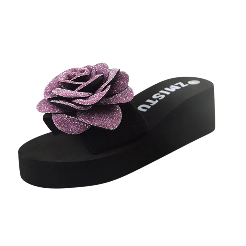 Г., женские шлепанцы летние повседневные пляжные ботинки туфли на танкетке с цветочным рисунком для девочек модные лоферы на платформе Mujer, женские сланцы