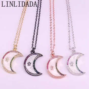 

8Pcs Rainbow Cubic zirconia micro pave cz crescent moon enamel Pendant Necklace For Women