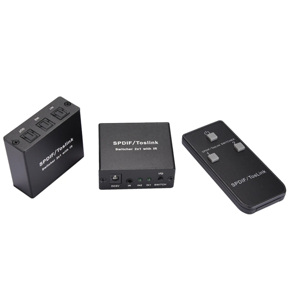 SPDIF/Toslink удлинитель оптический аудио коммутатор алюминиевый сплав Цифровой долговечный конвертер с ИК-пультом дистанционного управления 2x1 светодиодный индикатор