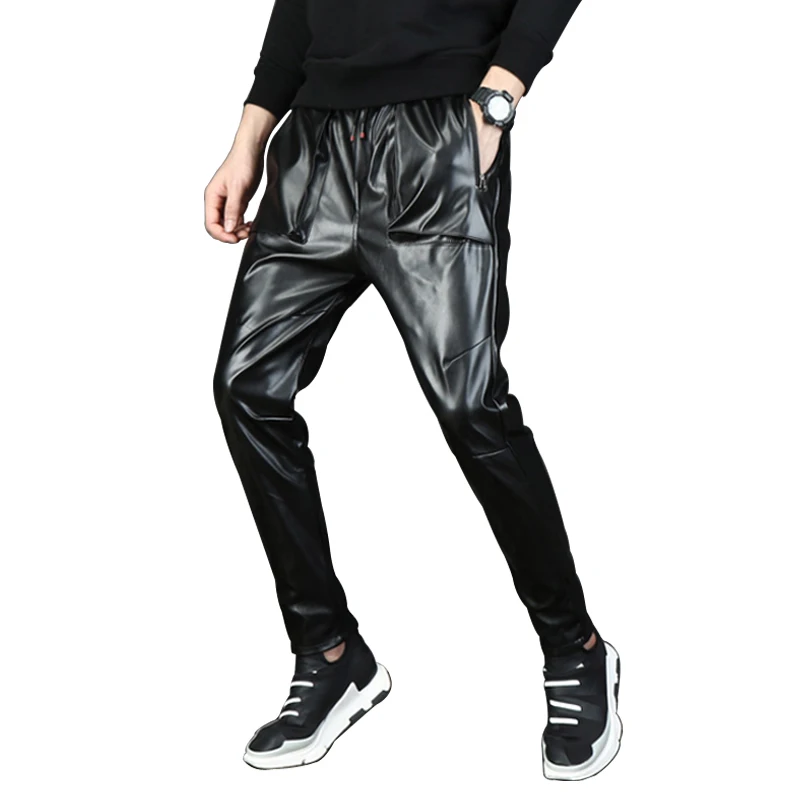 Men's Mid-rised Leather Pants New Spring Autumn Youthful Motorcycle Pencil Pants Loose Haren Leg Pants Brand PU Leather Pants
