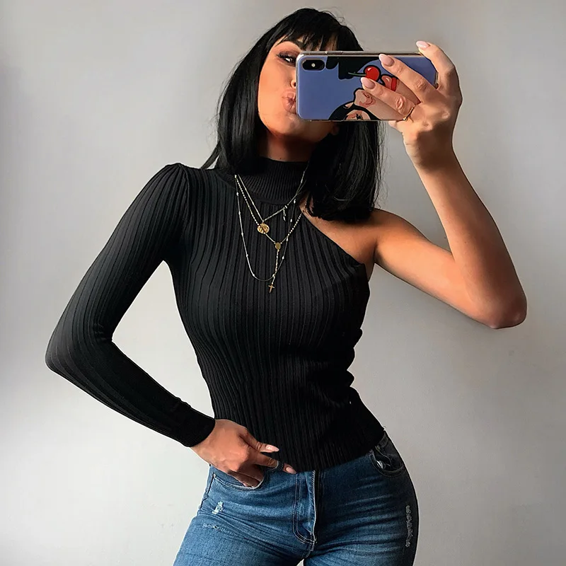 InstaHot черная Асимметричная трикотажная футболка с длинным рукавом и воротником, повседневный сексуальный осенний Топ, тонкий уличная одежда