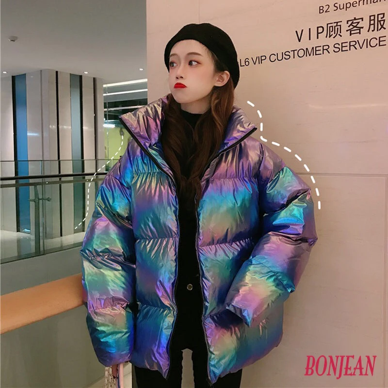 

2019 High Quality Women Short Multicolor Reflective Down Jackets Coats Oversize Outwear Warm Thick Winter Stand Collar Parkas