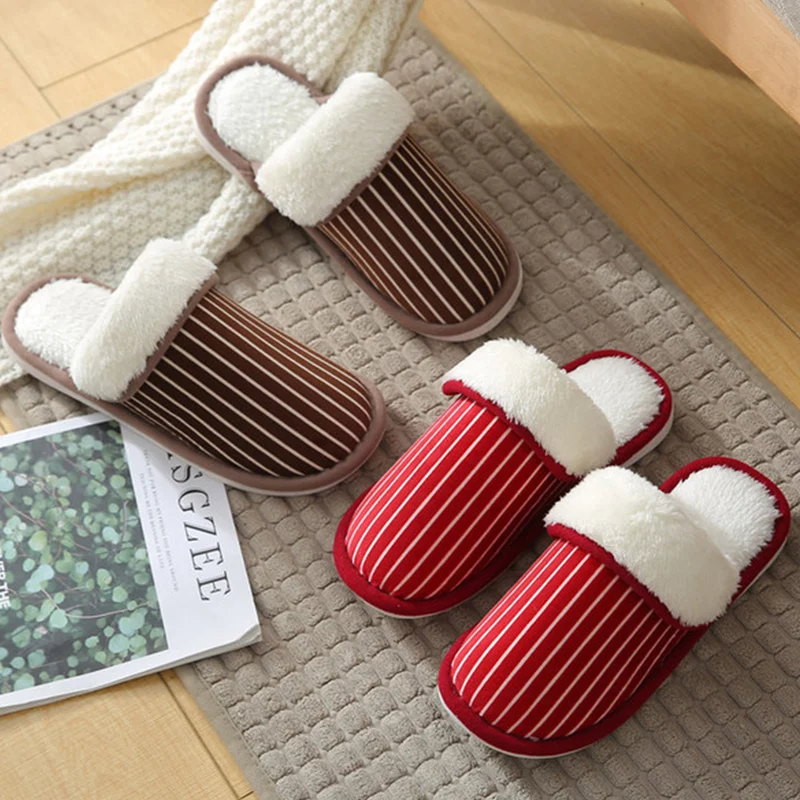 Women's slippers Plus size 43-45 Winter Striped House shoes for girls Velvet Keep warm Antiskid Home Fur slippers women