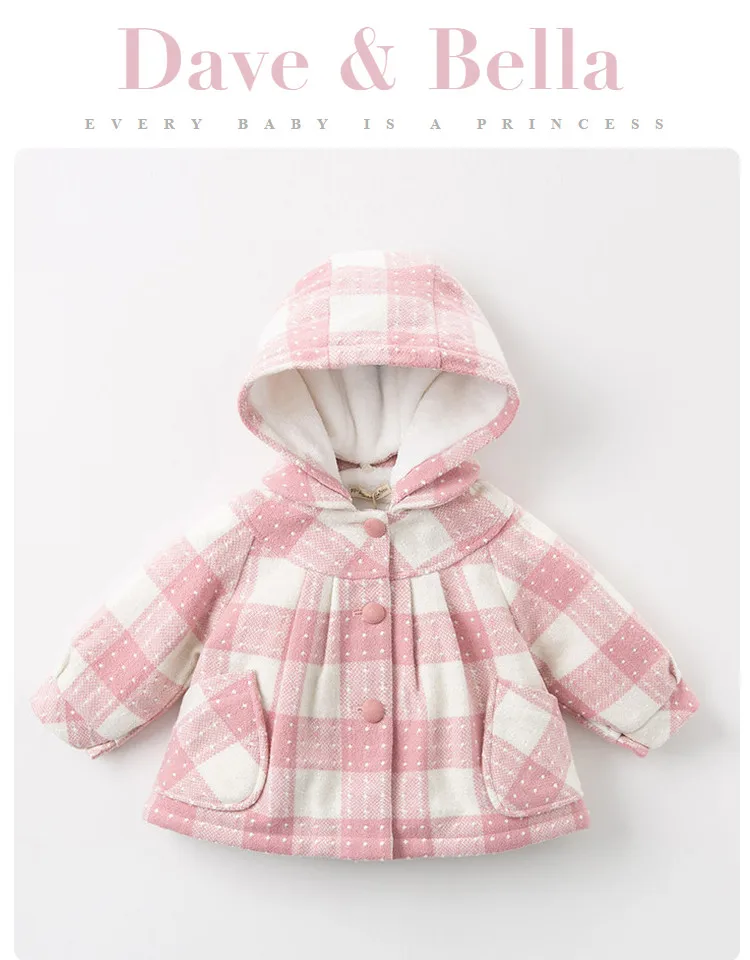 DBZ11943 dave bella/осенне-зимнее милое клетчатое пальто со съемным капюшоном для маленьких девочек детские топы, модная верхняя одежда для малышей