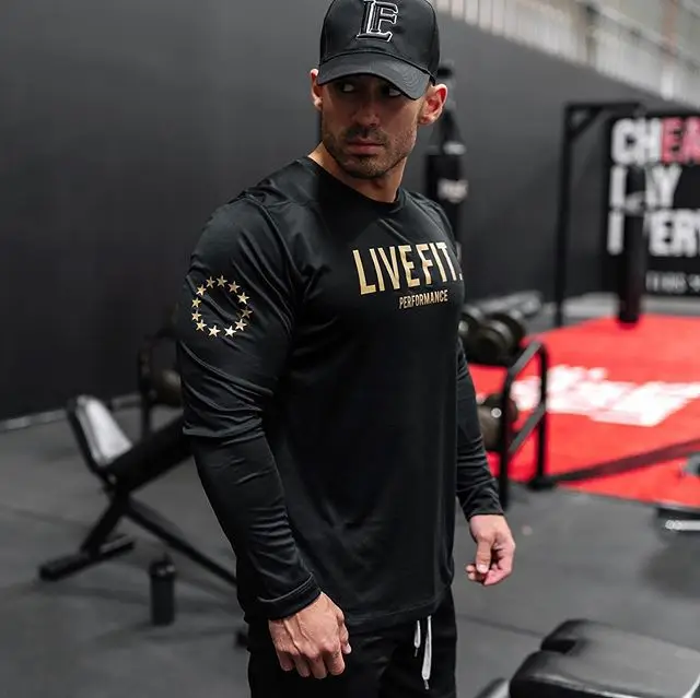 Лето круглый воротник футболки Tops Tees men's Длинные рукава футболки спортивный фитнес-Для мужчин рубашка тренажерный зал Для мужчин футболка