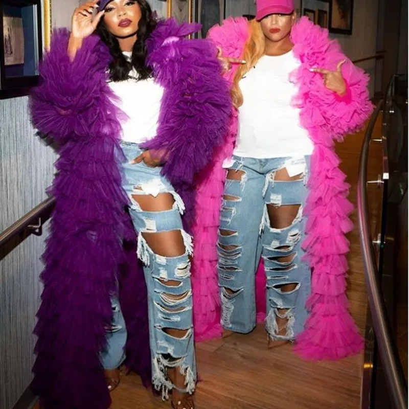 Chic Puffy Colorful Tulle Long Robes Women Full Sleeves Ruffles Tiered Floor Length Tutu Women Jacket Custom Made130
