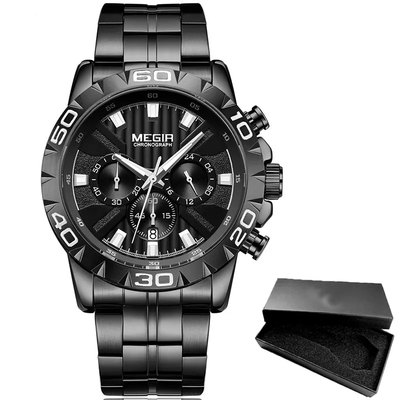 Relogio Masculino MEGIR мужские Топ люксовый бренд военные спортивные часы мужские кварцевые часы мужские полностью стальные повседневные деловые черные часы - Цвет: MS2087G-Black