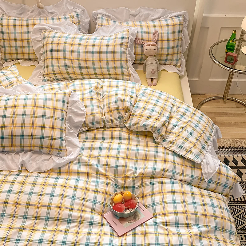 Waliicorners Queen King Quilt Duvet Cover Set Pillowcases Double Bed Set Luxury Soft Princess Ruffle Flower Plaid Bedding Set 48 Hb3e8e9e928e94df7b9a1d08db38bb69dP