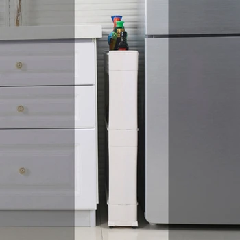 

1/Pc Gap Storage Shelf Kitchen Storage Rack Shelf Slim Slide Tower Movable Assemble Plastic Bathroom Shelf Wheels Space 3 Laye