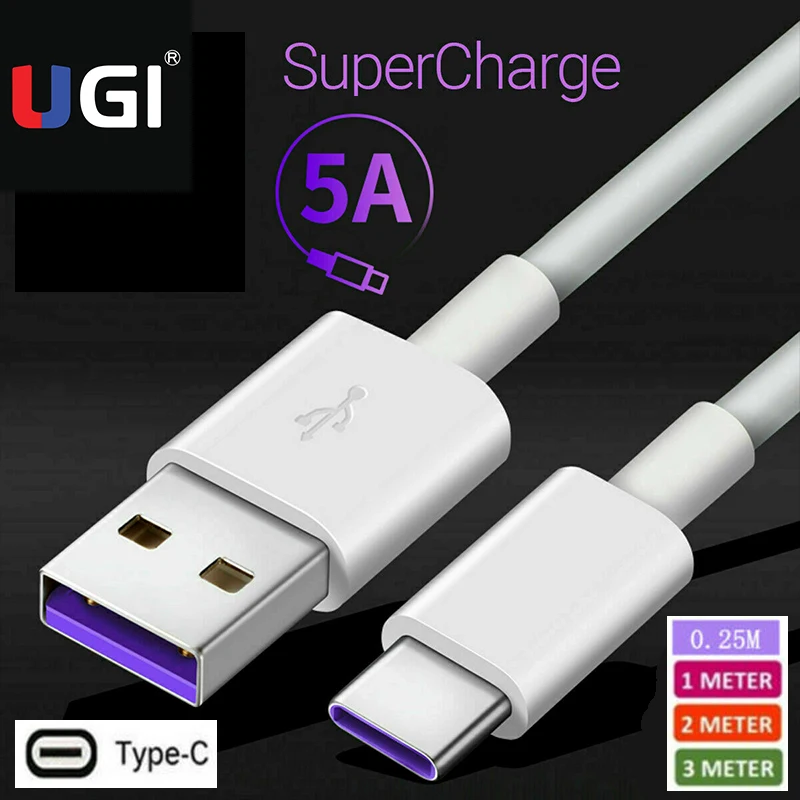 Супер зарядный кабель UGI 1M/2M 5A для быстрой зарядки с USB C Huawei P20 P30 P40 Pro Honor 10 20 Samsung S10 S9