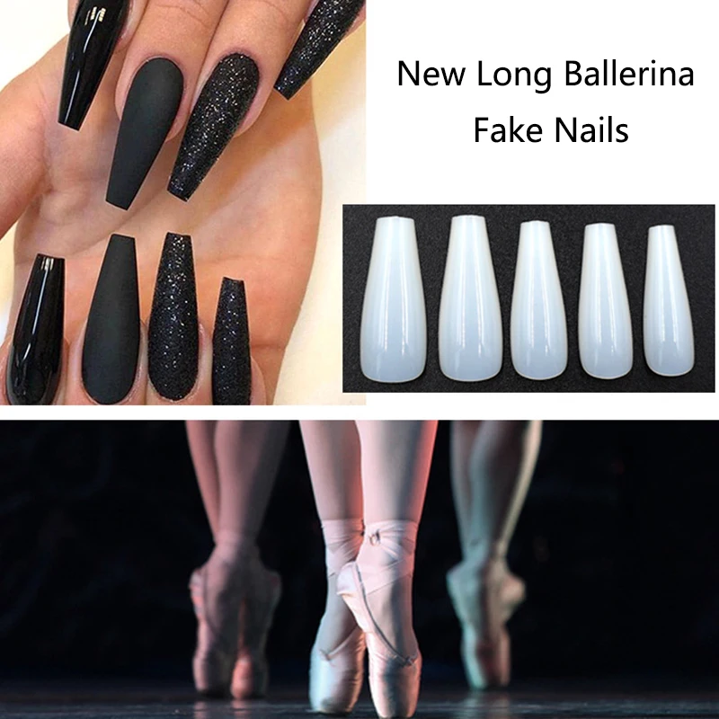 500 шт./пакет поддельные ногти искусственные длинные балерины ногтей советы ясные/натуральные накладные гроб полное покрытие Акриловые искусственные губки 10 размеров