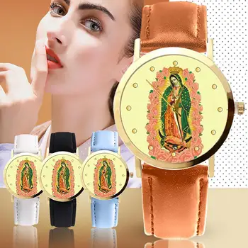 

Christian Virgin Mary Flower Round Dial Faux Leather Strap Women Wristwatch Ladies Dress Watches Gift Luxury Christmas Gifts