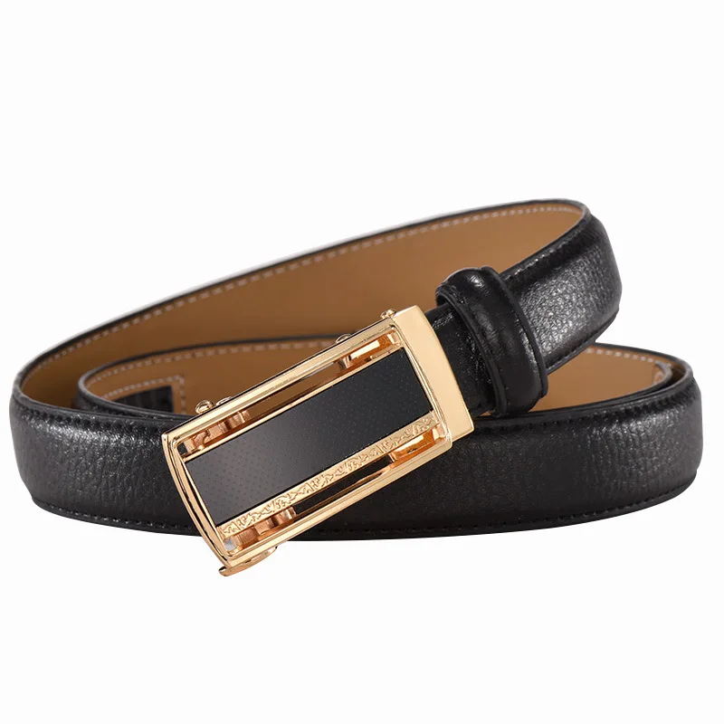Automatic Buckle Women Belts Leisure Jeans Narrow Belt Luxury Brand Genuine Strap Women Designer Female Belt w/2.4cm - Color: Black