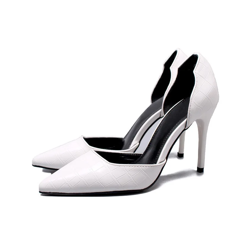 

Classic Versatile White Silver Pointed-Toe Patent Leather Crocodile Leather Thin Heeled Simple High Heel Shoes