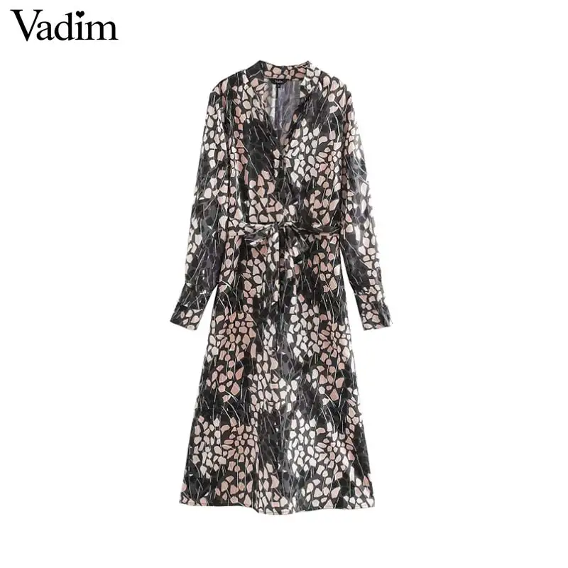 

Vadim women chic V neck midi dress long sleeve bow tie sashes side zipper female stylish chic dresses straight vestidos QD140