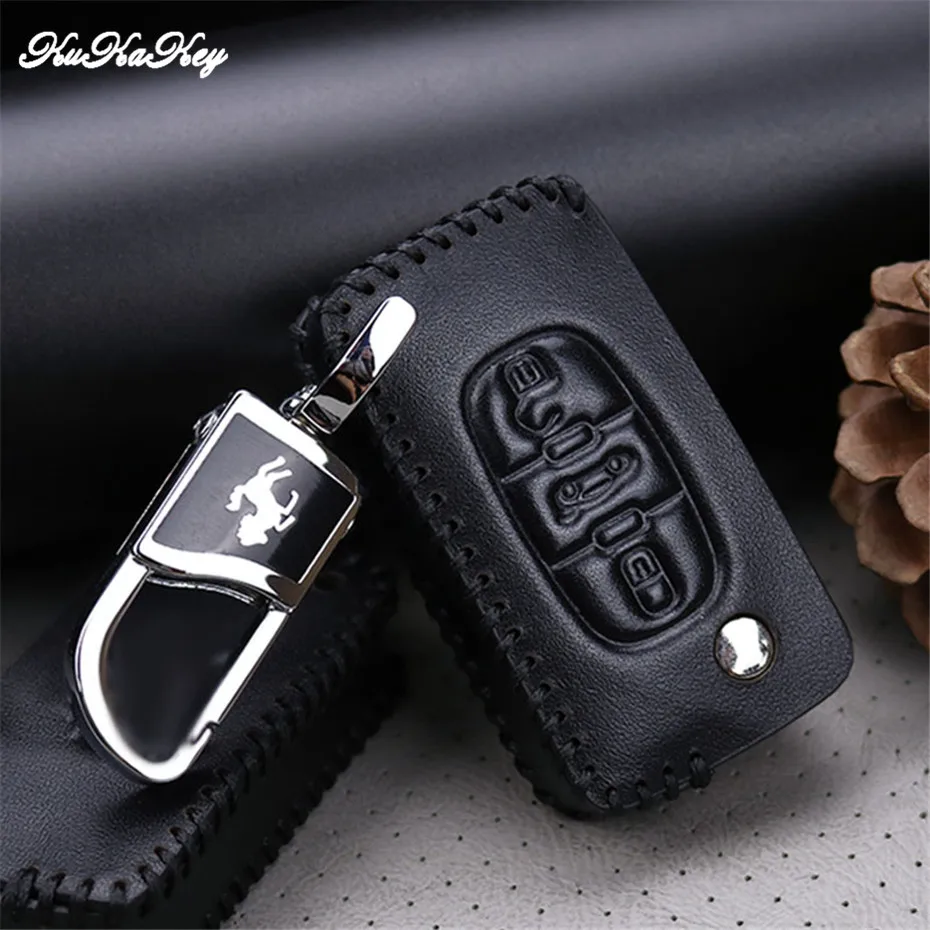 

Leather Car Key Case Cover Bag Holder For Peugeot 307 206 207 407 308 301 2008 3008 406 408 607 208 508 Key Rings Chain