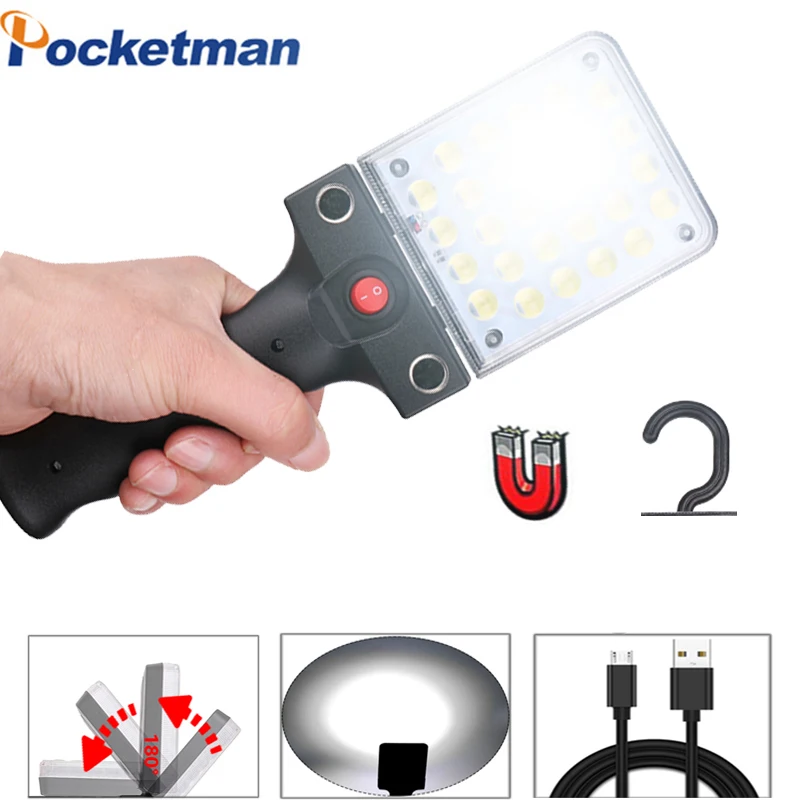 28 LEDs Super Bright Work Light USB Rechargeable Portable Hand Held Work Lamp with HangingHook,Flood Light for Camping,Repairing