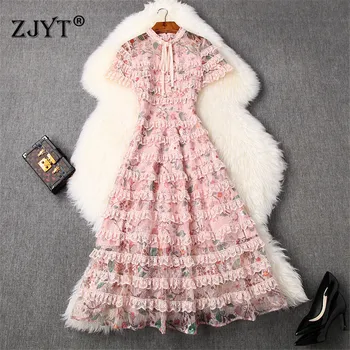 

High Quality Runway Dress Summer Clothes for Women 2020 New Fashion Short Sleeve Print Lace Ruffle Layered Cake Midi Party Dress