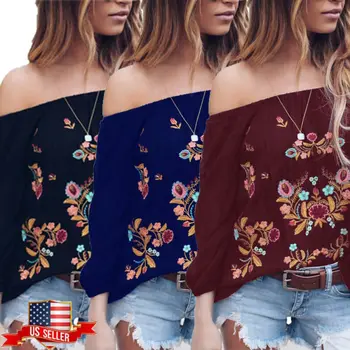 

Plus Size Fashion blouse Women's Off Shoulder flare Long sleeve gorgeous flower print Tops Shirt Casual Blouse Loose Crop female