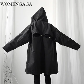 

Loose Women Back Button Hollow Out Big Size Trench New Hooded Long Sleeve Loose Fit Windbreaker Fashion Tide Spring 2020 1S246Q
