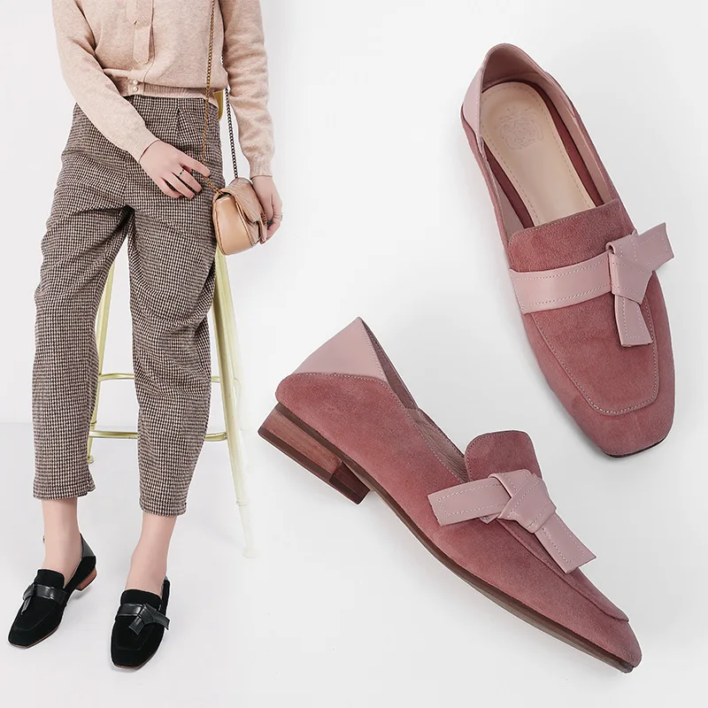 

2019 Spring And Autumn New Style Genuine Leather French Retro Buckle Square Head Chunky High Heel Shoes Shoes Suede Loafers