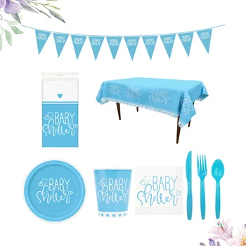 

Birthday Party Supplies Set Disposable Tableware and Banner Dessert Table Decorations Baby Shower Kit (Blue)