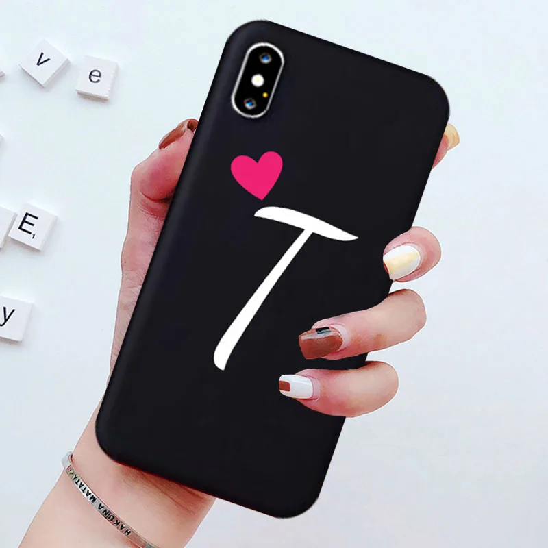Love Heart Soft Silicone Black Couple Phone Case with Letters A B C D