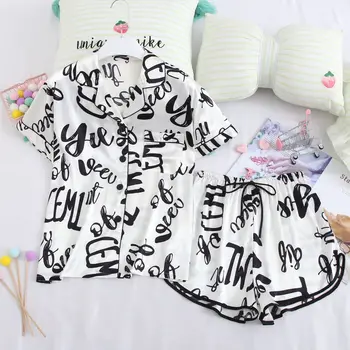 

Cute Style Thin Section Shorts Women's Pajamas Set Printed Letter Home Suit Smooth Fashion Cardigan Tops Shorts Pijamas Women