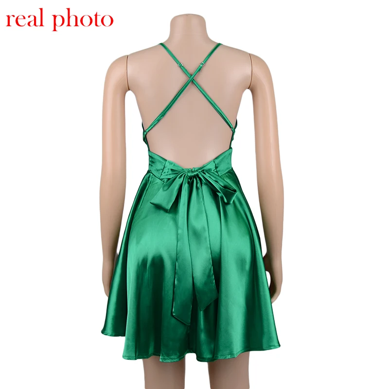 Cryptographic Satin Sexy Backless Sleeveless Party Night Club Wrap Mini Dresses Spaghetti Straps Elegant Dress Solid Vestidos wrap dress