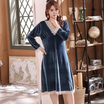

Sexy Soft Lace Trim Long Sleeve Nightdress Velour V-Neck Women Nightgown Sleepwear Casual Nightwear Keep Warm Velvet Homewear