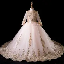 Платье принцессы; Золотое кружевное платье с блестками и цветочным узором для девочек; детская одежда; торжественное платье для вечеринки и свадьбы; платья для выпускного бала для девочек