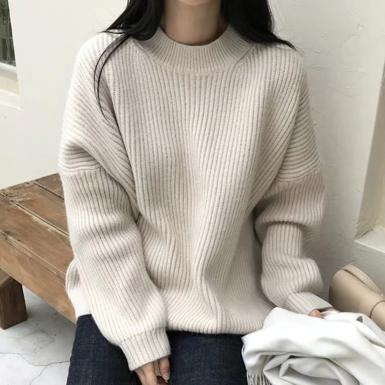 Beige KINOMI осенне-зимние женские свитера, Свободный пуловер с круглым вырезом, корейский стиль, минималистичный Повседневный вязаный свитер, топы, новинка, бежевый цвет - Цвет: Beige