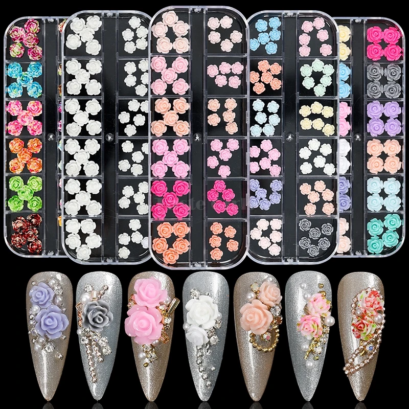 

1 BOX 48/60/72PCS 3D White Rose Colorful Dyeing Petal Flowers Arylic Nail Art Rhinestone Decorations Manicure DIY Tips