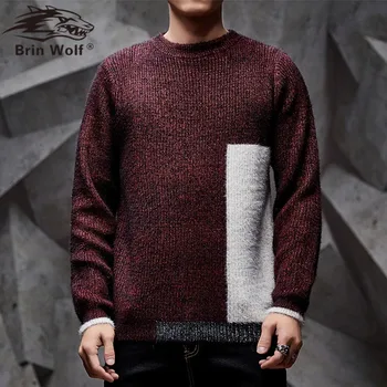 

Brin Wolf Casual Long Sleeve Autumn Winter Sweater Men Korean Style Slim Knitted Blue Sweater Pullover Jumper Fashion Christmas