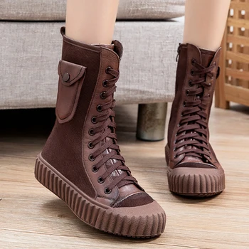 

2020 Fashion Women Boots Autumn Winter Warm Shoes Soft Bottom Genuine Leather Flat Motorcycle Boots Women Casual Botas De Mujer
