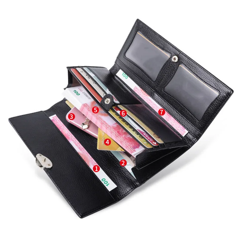Fashion Genuine Leather Women Wallets Business Credit Card Holder Purse Black Red Cowhide Female Clutch bag Lady Wallet New