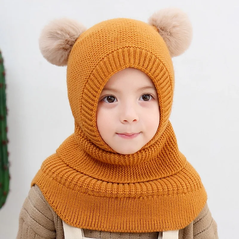 Детская шапка, вязаная крючком шапка с двойным помпоном, шарф, цельные зимние шапки для девочек, теплая ветрозащитная детская шапка - Цвет: Цвет: желтый