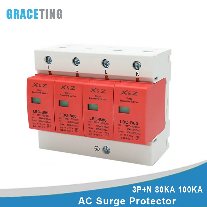 

1PCS SPD Surge Protective Device AC 3P+N 40~80KA 60KA~100KA 385V House Lightning Protection Arrester Low-Voltage Protector