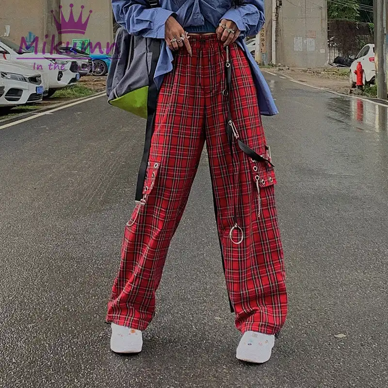 red plaid pants with chain