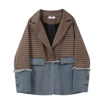 

Fashion autumn ladies plaid stitching denim suit work office jacket women's suit casual pocket single-breasted jacket