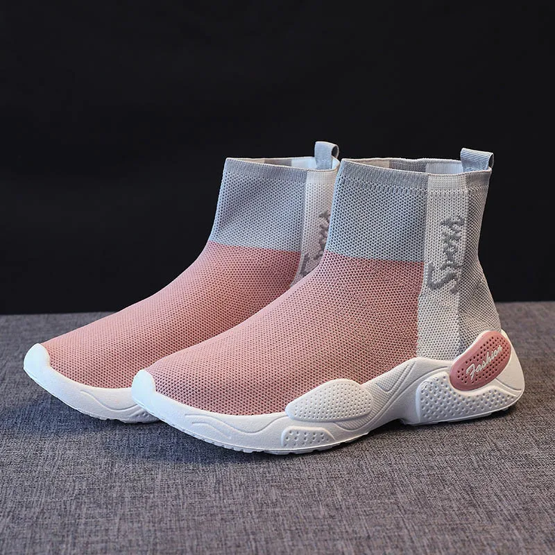 Синие Лоскутные новые дышащие летающие носки обувь женские спортивные эластичные носки кроссовки Высокая тянущийся носок Беговая прогулочная обувь - Цвет: Розовый