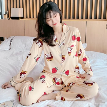 

Women Pajamas Set Long-sleeved 100% CottonTops with Long Trousers Cartoon Printed Home Pijama Mujer Female Pajama Set