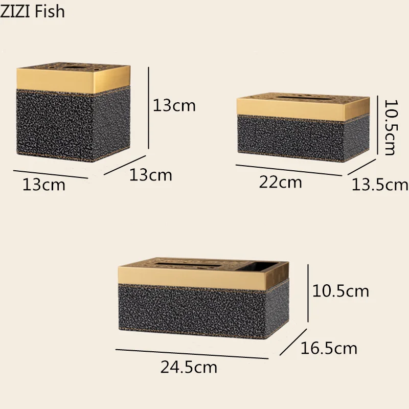 Metal leather tissue box Paper box Desktop storage organization ornaments Black print Embossed golden hollow Home Decoration 5