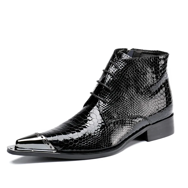 

New Patent Cow Leather Sleeve Bright Cow Leather Business Short Boots Zapatos Para Hombre Pointed Toe Ankle Genuine Leather Zip