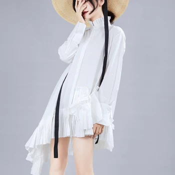 

Woman Dress Asymmetry Ruffle Patchwork Cotton Dress Women Irregular Black White Vintage Dress Woman Oversize White Shirt