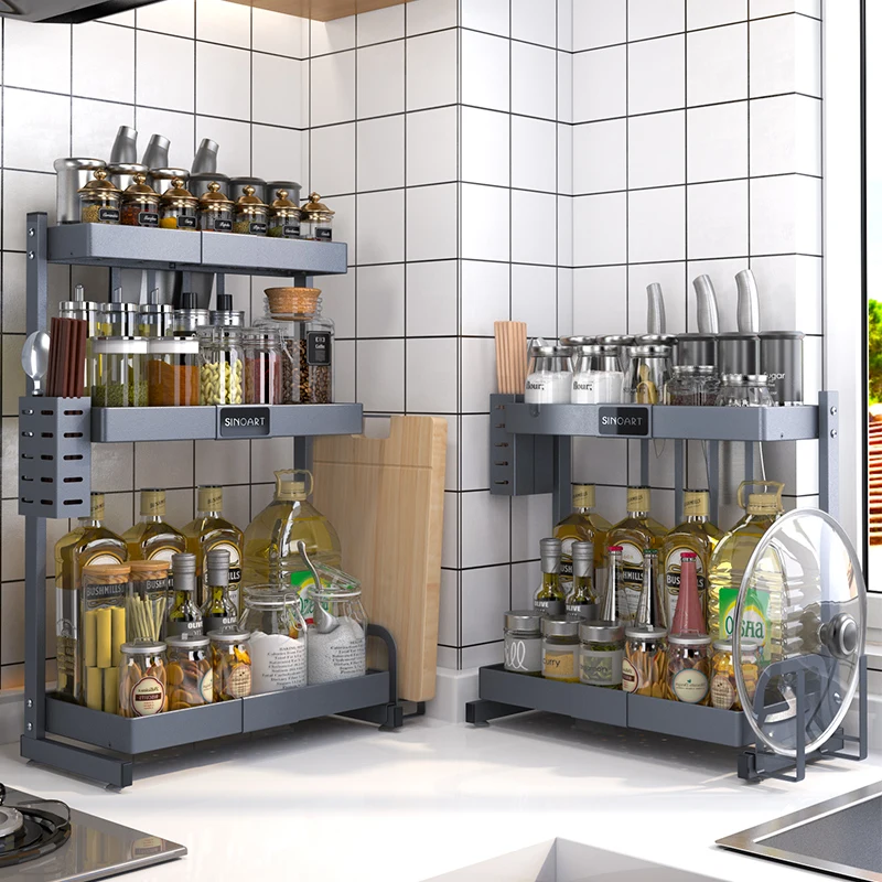 

Home black stainless steel kitchen rack,double wall floor seasoning rack,kitchen storage tool,Stainless steel metal shelf