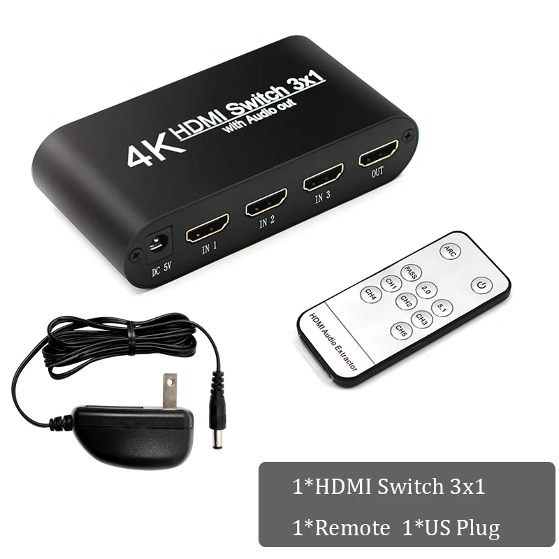 4K 3x1 HDMI коммутатор с дистанционным RCA аудио экстрактор с пультом дистанционного управления для ТВ xbox PS4 PC сплиттер 3x1 HDMI - Цвет: US Plug and Remote