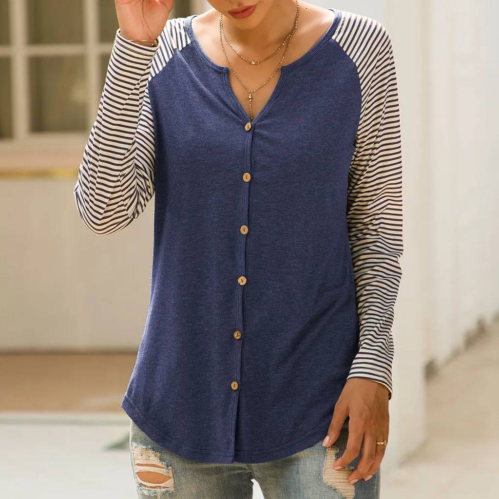 

Fashion Buttons Striped Blouse Casual Winter Clothing Sexy V-Neck Basic Top Female Womens Tops Long Sleeve Shirt Blusa Pullover