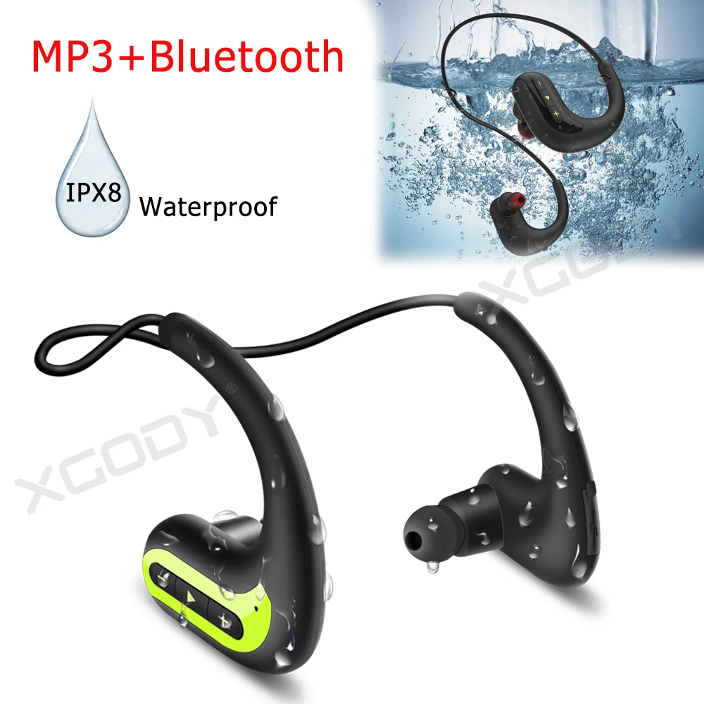 XGODY беспроводные наушники IPX8 водонепроницаемые профессиональные наушники для плавания Спортивные наушники Bluetooth гарнитура стерео 8G MP3 плеер