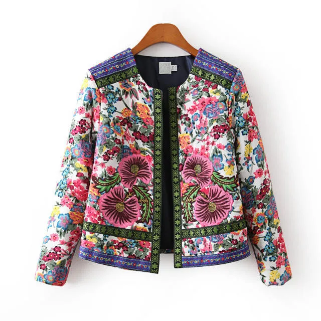 Осенне-зимняя женская цветочная куртка, верхняя одежда, винтажная Женская этническая стоячий воротник, Вышитые тонкие парки, пальто, верхняя одежда